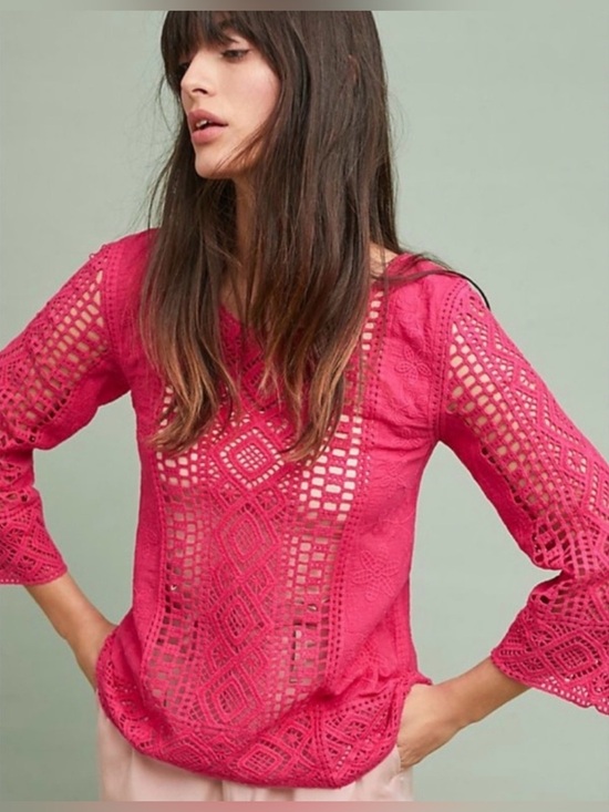 Anthropologie Tops - Anthropologie Blue Tassel Boho Hot Pink Crochet Lace Top, Size XL, NWOT